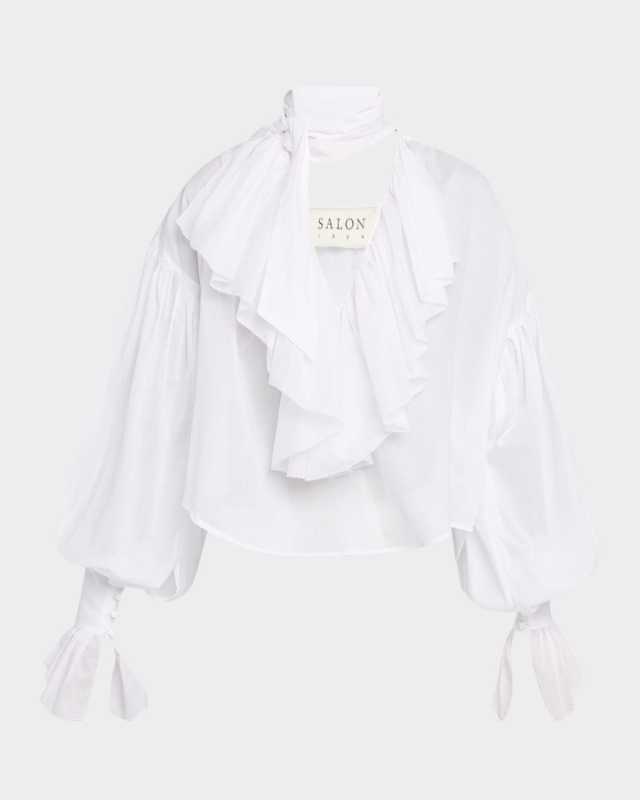 Giacomo Ruffle Neck-Scarf Cotton Blouse